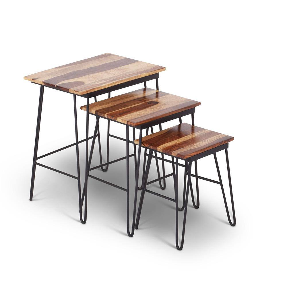 Tristan Industrial Nesting End Tables in Sheesham Wood and Black Metal