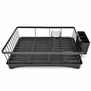 Black Single Tier Dish Rack with Chopstick Holder, Kitchen Countertop Tableware Storage Organizer