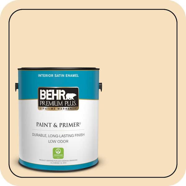 BEHR PREMIUM PLUS 1 gal. #310E-2 Stable Hay Satin Enamel Low Odor Interior Paint & Primer