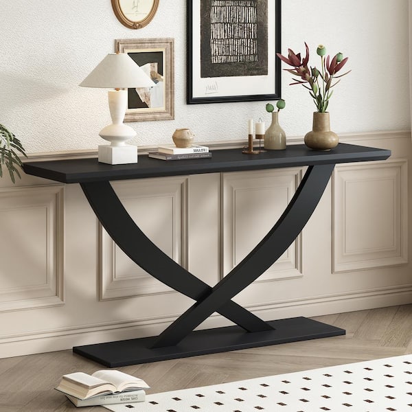 CHRISTOPHER KNIGHT HOME Haven 57 in. Modern Cross Leg Rectangle MDF Console Table, Black