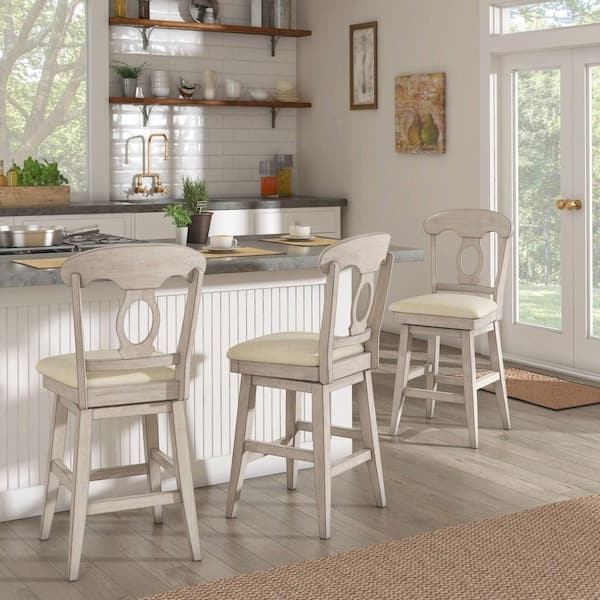 Antique White Napoleon Back Wood Swivel Bar Stool
