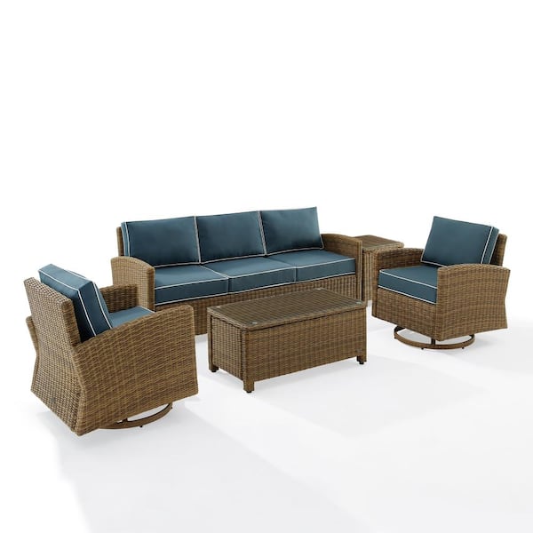 CROSLEY FURNITURE Bradenton Weathered Brown 5-Piece Wicker Patio Conversation Set with Navy Cushions