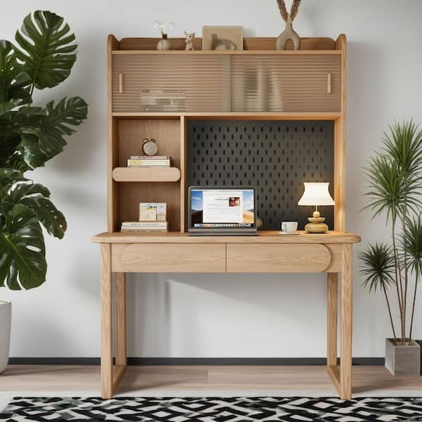 Scandinavian Beige Oak Kids Study Desk with Hutch, Pegboard Back Slatted Doors, Space-Saving Home Office Desk for Rooms