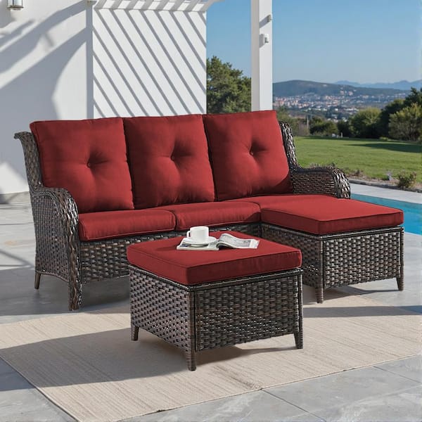 Brown 3-Piece Wicker Outdoor Patio Seating Conversation Set Sectional Sofa and Ottoman with Red Cushions