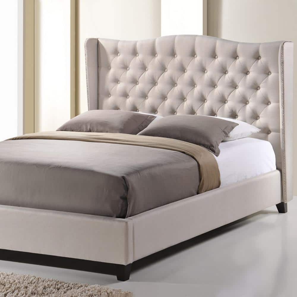 King Light Beige Linen Tufted Upholstered Platform Bed