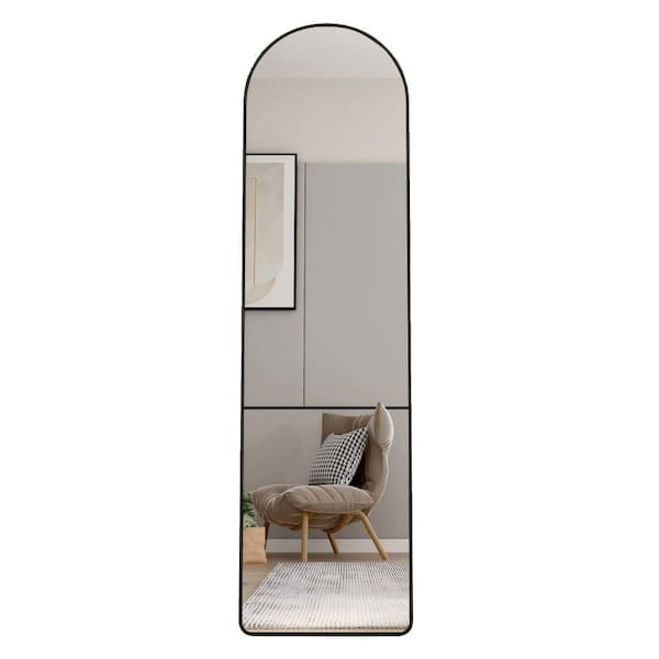 LCEPURE TRADE INC Metal Black 16.5 in. W x 60 in. H Floor Mounted Full Length Mirror Aluminum Alloy Frame Arched Bathroom Makeup Mirror