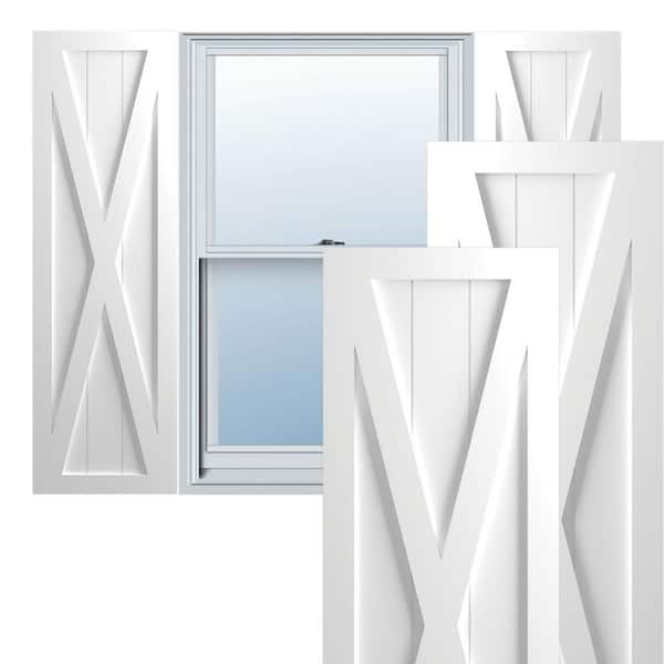 Ekena Millwork 12 in. x 34 in. True Fit PVC Single X-Board Farmhouse Fixed Mount Board and Batten Shutters Pair in White