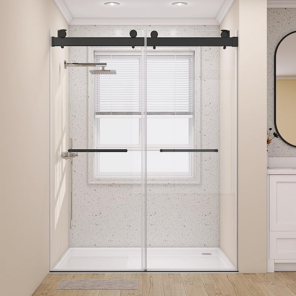 Zeafive 60 in. W x 79 in. H Frameless Double Sliding Shower Door in Matte Black with Anti-Jumping in 3/8 in. Tempered Glass