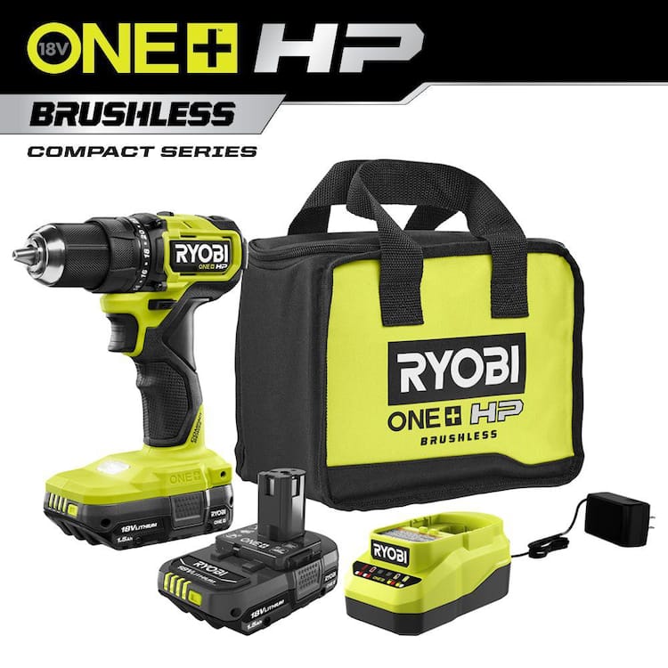 RYOBI ONE+ HP 18V Brushless Cordless Compact 1/2in. Drill/Driver Kit with (2) 1.5 Ah Batteries and Charger