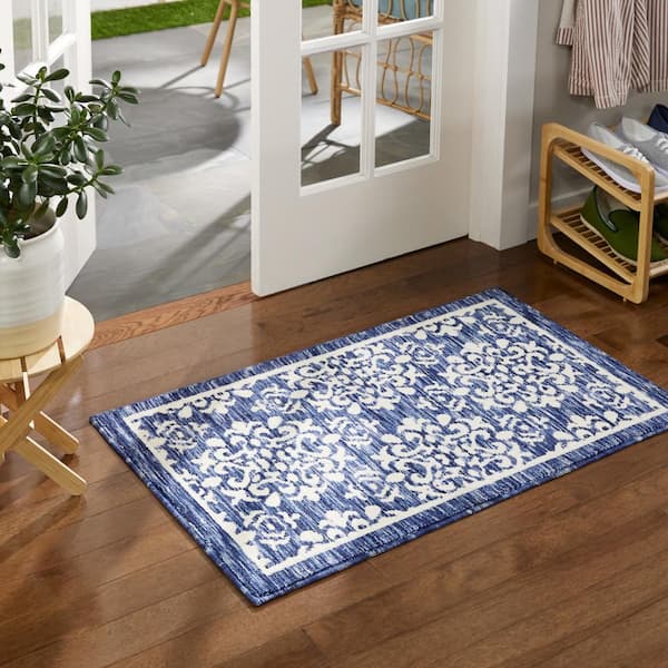 Everyday Walker Damask Medallion Navy Blue 24 in. x 40 in. Machine Washable Kitchen Mat