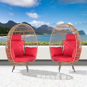 2 -Pieces Oversized Patio Brown Wicker Swivel Egg Chair, Indoor Outdoor Rattan Egg Chair
