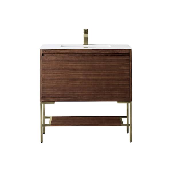 James Martin Vanities Mantova 35.4 in. W x 18.1 in. D x 36 in. H Single Bathroom Vanity Mid-Century Walnut and Engineered Stone Composite Top
