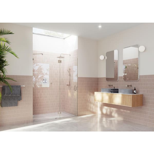 Glass Warehouse Halo 62.75 in. W x 78 in. H Glass Hinged Frameless Shower Door in Polished Nickel with Clear Glass
