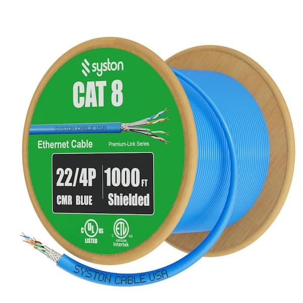 1000 ft. Blue Cat 8 CMR 22 AWG Ethernet Data Bulk Raw Cable - 2000MHz Solid Bare Copper Tinned Copper Braid Shielding
