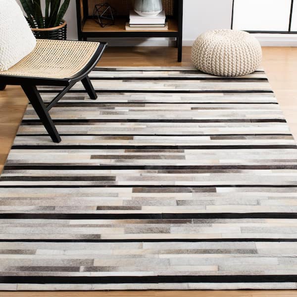 Studio Leather Ivory Black 6 ft. x 6 ft. Striped Square Area Rug