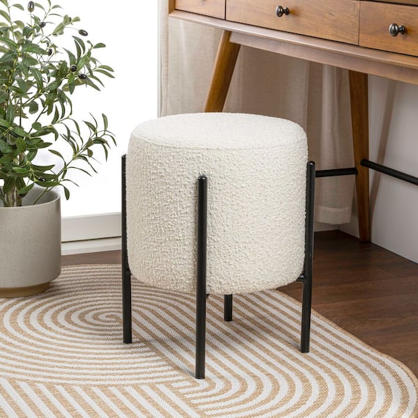 Silvia 18.5 in. Modern Minimalist Round Backless Metal/Boucle Cushioned Vanity Stool, White/Black