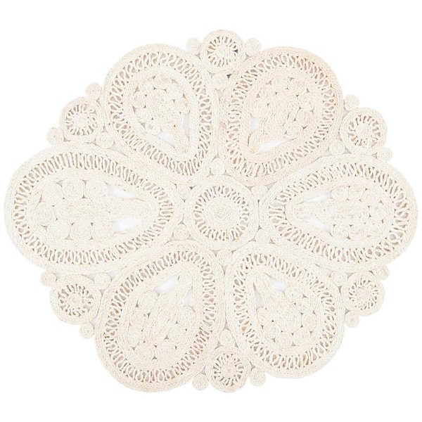 Natural Fiber Ivory 6 ft. x 6 ft. Woven Floral Round Area Rug