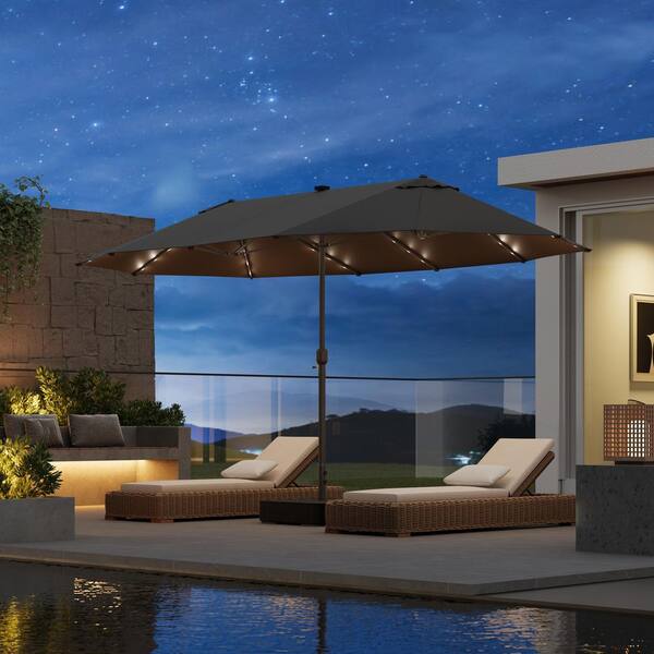 15 ft. Steel Market Solar Patio Umbrella in Tan with LED Lights and Base Stand