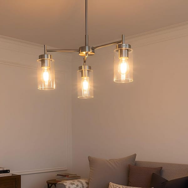 3-Light Brushed Nickel Chandelier with Clear Glass Shades - Modern Pendant Lighting Fixture for Dining Room or Kitchen