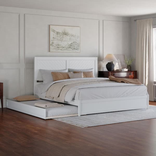 Clayton White Solid Wood Frame King Platform Bed with Panel Footboard and Twin XL Trundle