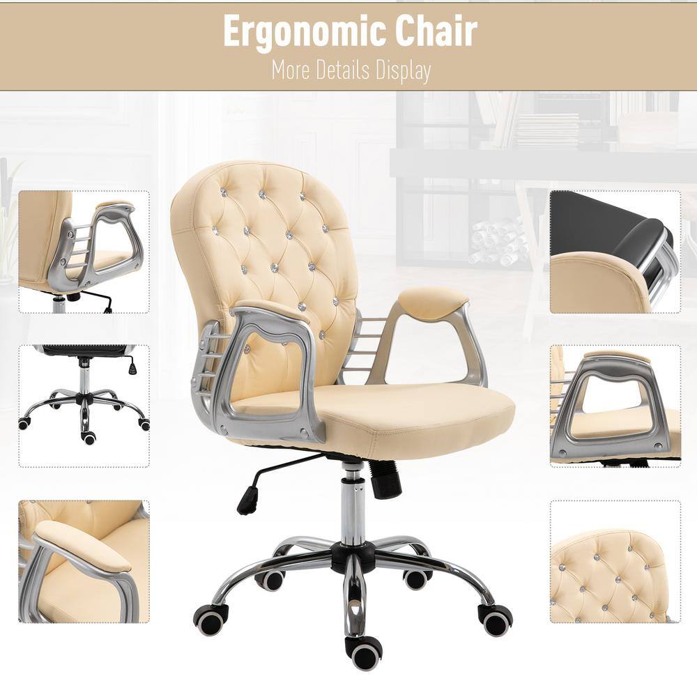 Beige Tufted Leather Swivel Executive Office Chair