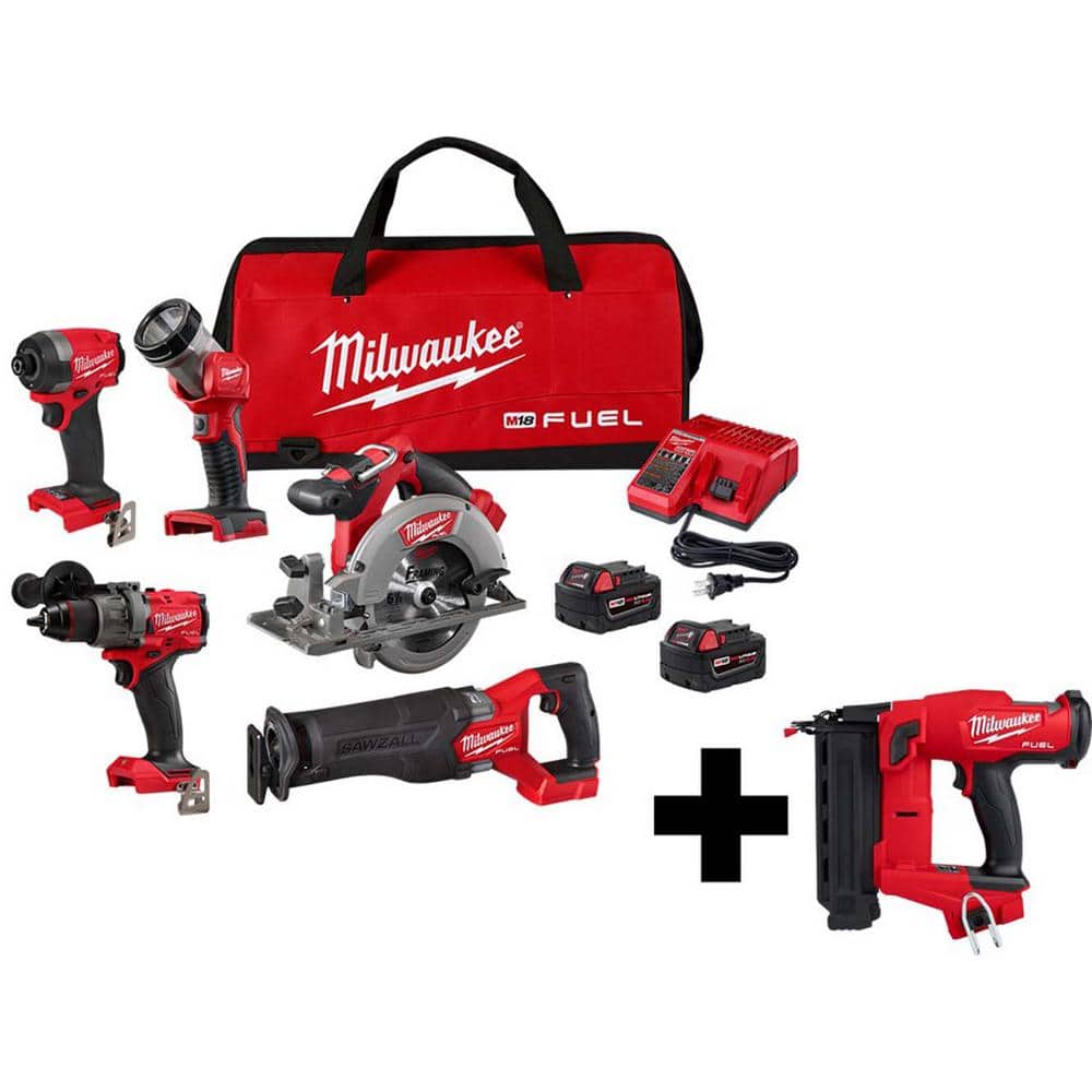 Milwaukee M18 FUEL 18-Volt Lithium-Ion Brushless Cordless Combo Kit (5-Tool) with M18 FUEL 18-Gauge Brad Nailer