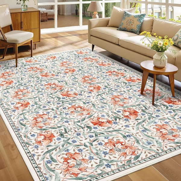 Beige 9 ft. x 12 ft. Anti-Slip Plant Print Rug Vintage Machine Washable Low Pile Foldable for Bedroom Corridor Kitchen