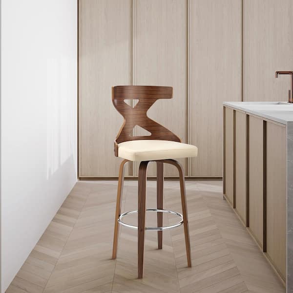 Armen Living Gayle 40 in. Product Height High Back Swivel Cross Back Cream Faux Leather and Walnut Wood Bar Stool