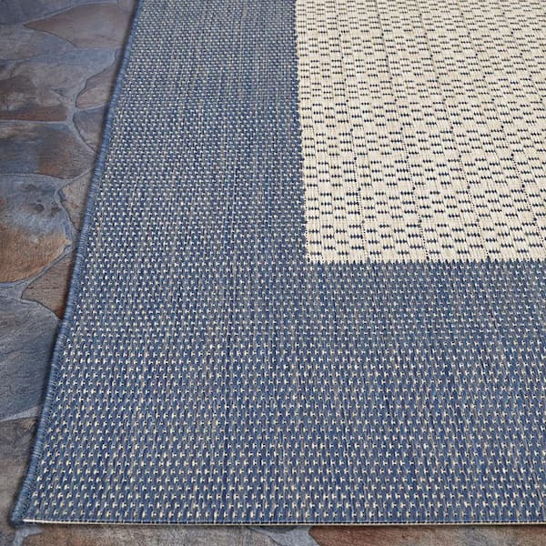 Recife Checkered Field Ivory-Blue 9 ft. x 12 ft. Solid Indoor/Outdoor Area Rug