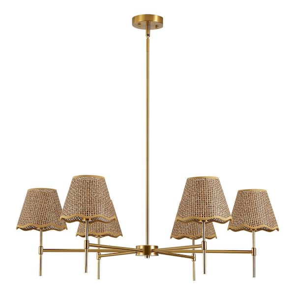 38 in. 6-Light Boho Rattan Gold Rustic Pendant Light with for Kitchen Island, Dining, Living Room
