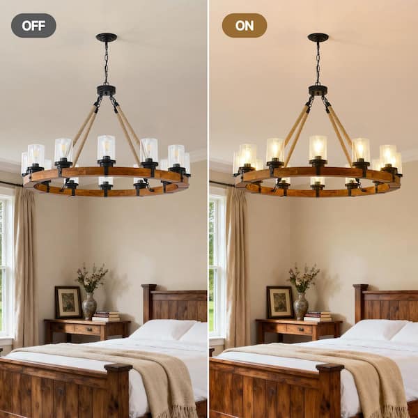 BeamBox Farmhouse Wood 12-Light Rustic Wagon Wheel Chandelier with