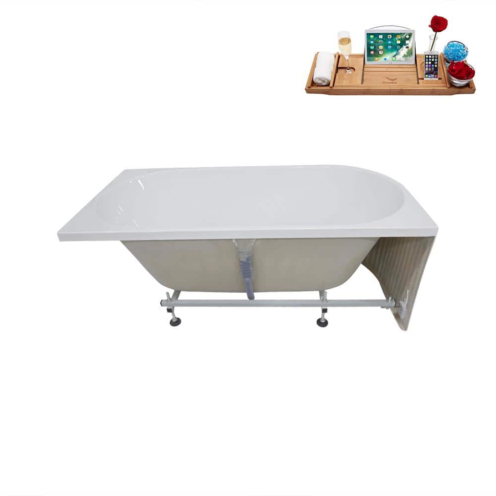 59'' Glossy White Freestanding Acrylic Soaking Bathtub with Chrome Drain