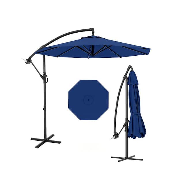 10 ft. Steel Cantilever Offset Patio Umbrella with Crank Lift & Cross Base in Navy Blue