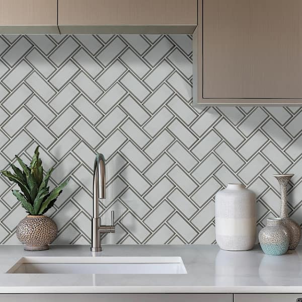 Ice Bevel Herringbone 13 in. x 11 in. Glossy Glass Mesh-Mounted Mosaic Tile (10.6 sq. ft. / case)