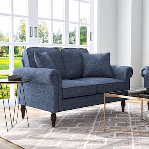 Michaud 57 in. Blue Chenille 2-Seats Loveseat with Turned Legs