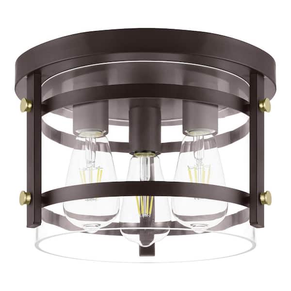 Huxley 11.9 in. 3-Light Dark Bronze Flush Mount Ceiling Light with Clear Glass Shade