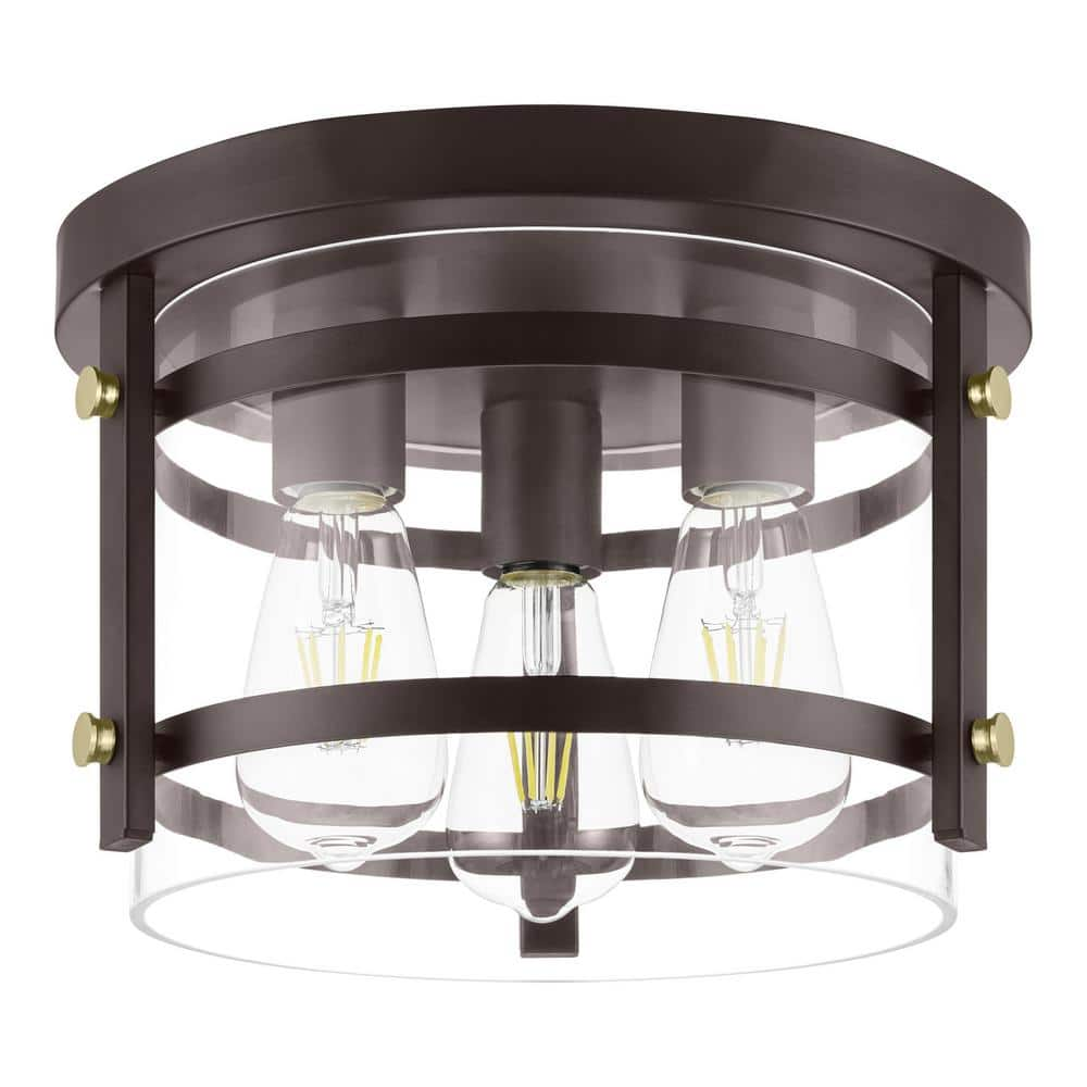 Hampton Bay Huxley 11.9 in. 3-Light Dark Bronze Flush Mount Ceiling Light with Clear Glass Shade