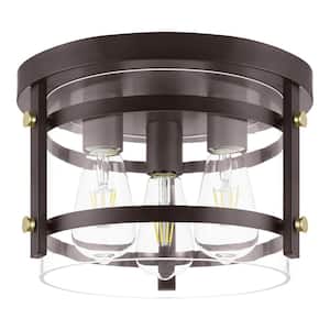 Huxley 11.9 in. 3-Light Dark Bronze Flush Mount Ceiling Light with Clear Glass Shade