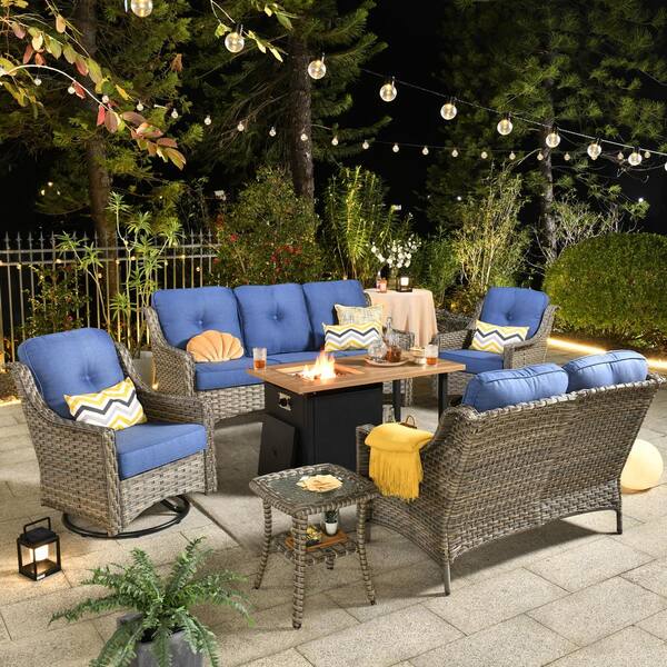 Toject Eureka Grey 6-Piece Wicker Outdoor Patio Conversation Sofa Loveseat Set with a Storage Fire Pit and Blue Cushions