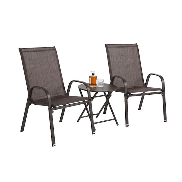 Unbranded 3-Piece Brown Metal Patio Conversation Set with Breathable Textilene Fabric, Folding Table with Steel Top for Garden