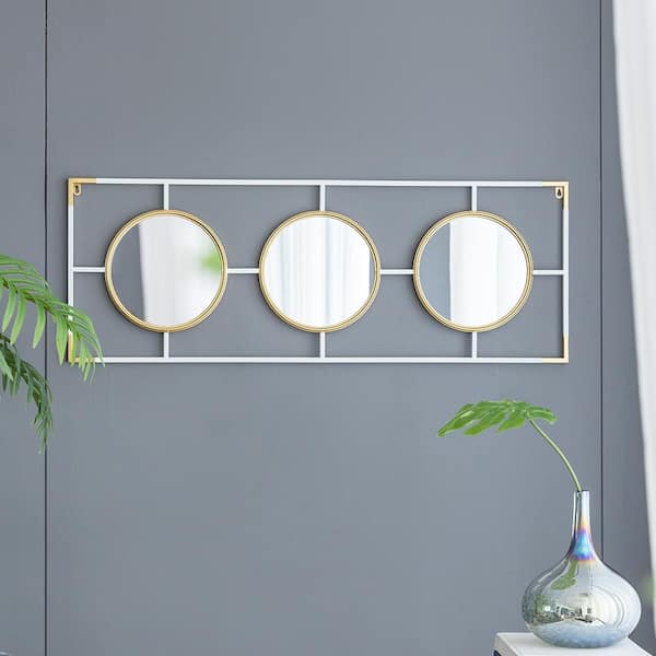 Gold And White 43.3 in W x 15.7 in. H Art Deco Rectangle Iron Framed Mirror Wall Mirror Wall Decor Mirror