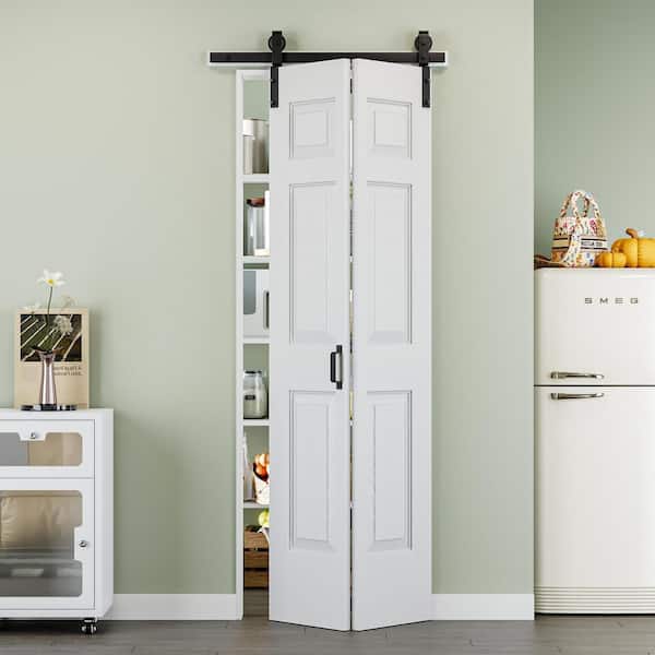 32 in. x 84 in. Paneled 6-Lite White Primed MDF Composite Bi-Fold Sliding Barn Door with Hardware Kit and Handle