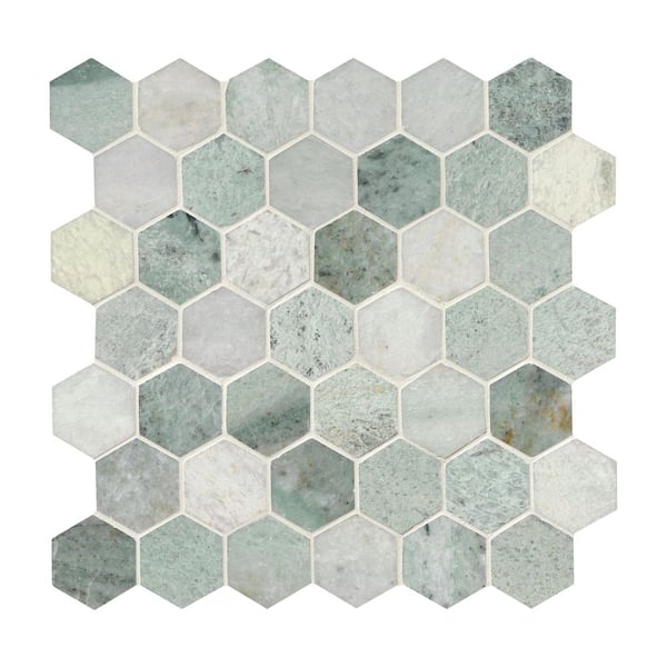 Icelandic Green 2 in. Hexagon 12 in. x 12 in. x 0.38 in. Polished Marble Mesh-Mounted Mosaic Tile (9.8 sq. ft./case)