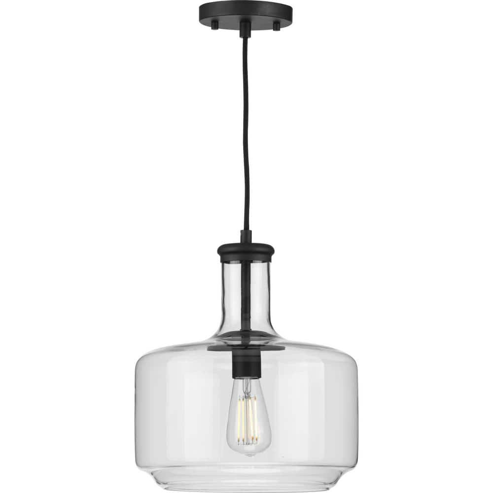 Latrobe Matte Black 14" Drum Pendant with Clear Glass Shade