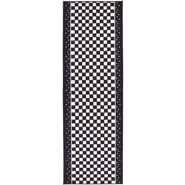 Checkered Roll Runner Cut to Size Black & White 26 " Width x Your Choice Length Custom Size Slip Resistant Stair Runner