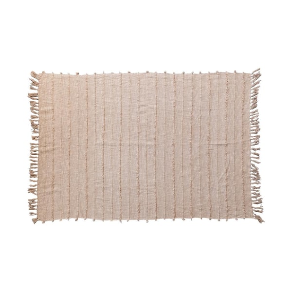 Storied Home Beige Stonewashed Woven Cotton Throw Blanket with Pom Pom Trim and Fringe