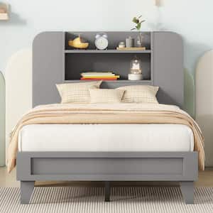 Gray Wood Frame Twin Size Platform Bed with Storage Headboard and Multiple Storage Shelves on Both Sides