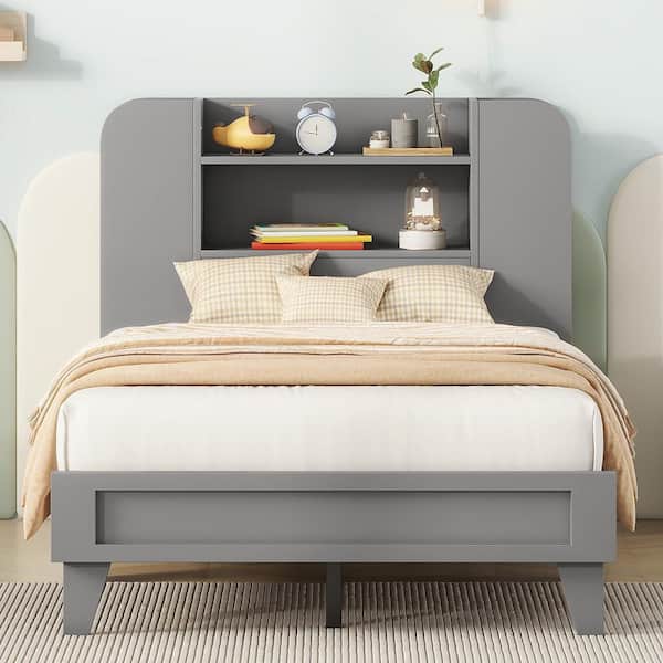 Harper & Bright Designs Gray Wood Frame Twin Size Platform Bed with Storage Headboard and Multiple Storage Shelves on Both Sides