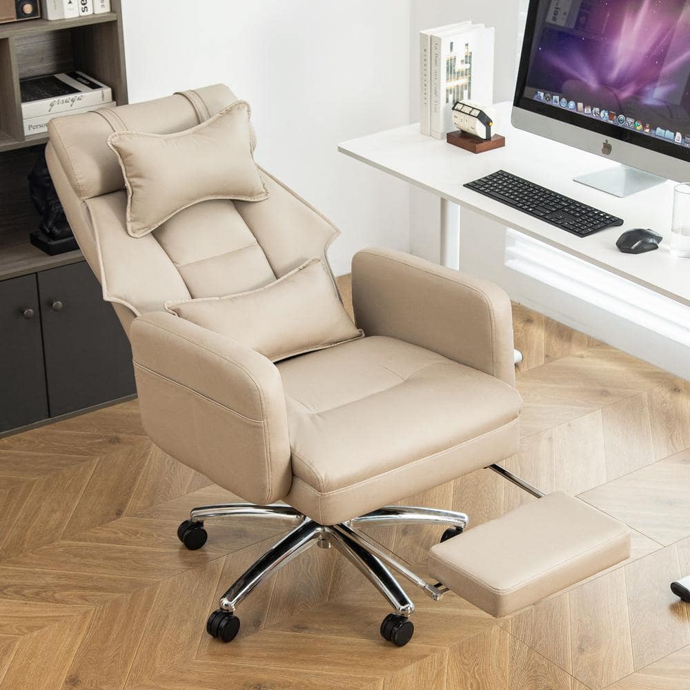 Leather Swivel Ergonomic Office Chair Executive Chairs High Back Boss Chair 155° Reclining Computer Chair in Beige - Thumbnail 2