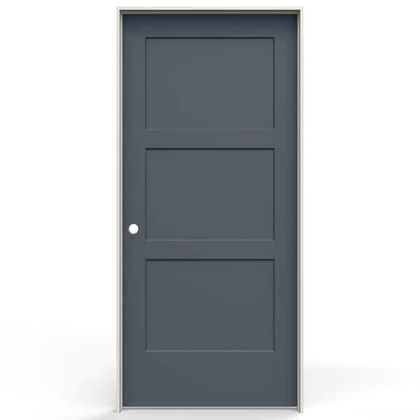 36 in. x 80 in. 3 Panel Birkdale Right-Handed Solid Core Gray Painted Molded Single Prehung Interior Door w/Nickel Hinge
